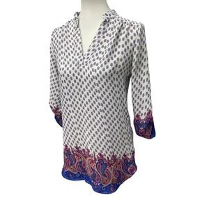 Wishful Park Small Red Blue White Floral Polka Dot Hi Low 1/2 Button Blouse Top